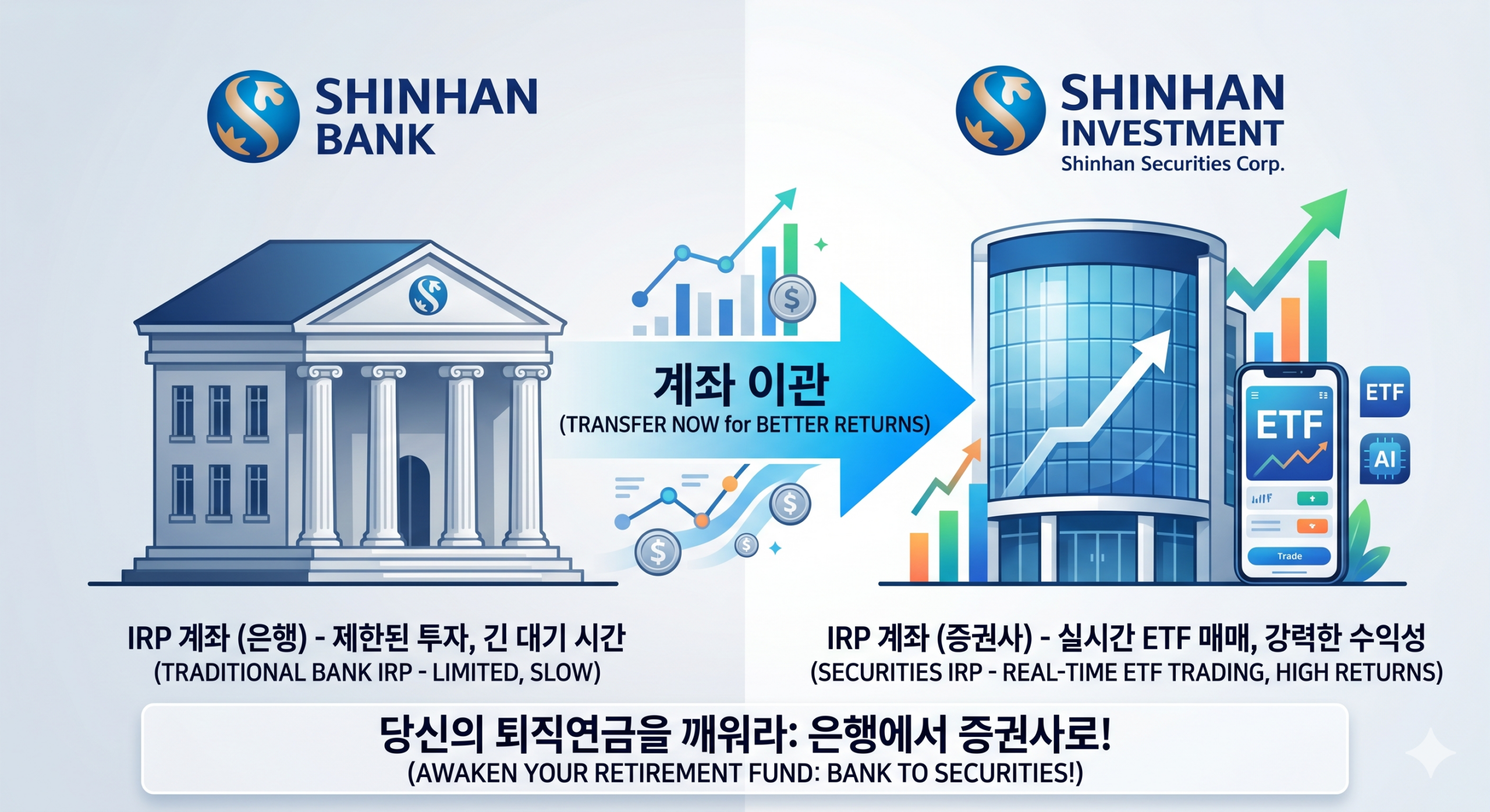 신한은행 IRP 퇴직연금 계좌의 한계를 넘어 실시간 ETF 투자가 가능한 신한금융투자 증권사 계좌로 이관하는 개념도